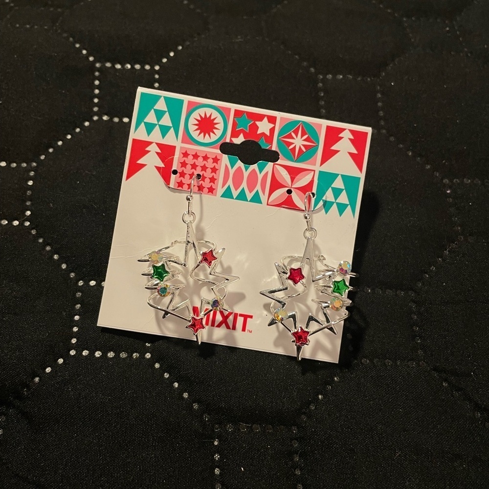 Mixit Festive Silver Earrings with Red and Green Details